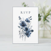 Navy Blue Botanical Wedding RSVP Karte (Stehend Vorderseite)