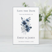 Navy Blue Botanical Wedding Save The Date (Stehend Vorderseite)