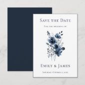 Navy Blue Botanical Wedding Save The Date (Vorne/Hinten)
