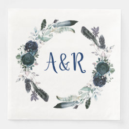 Navy Blue Bouquet Wreath Monogram Paper Napkins Serviette