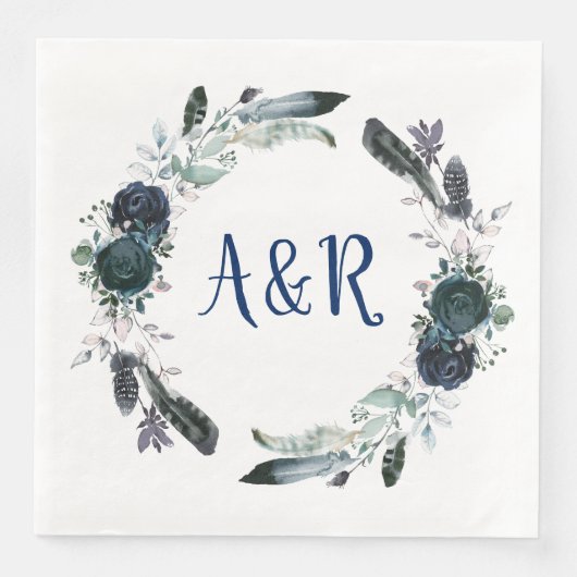 Navy Blue Bouquet Wreath Monogram Paper Napkins Serviette (Vorderseite)
