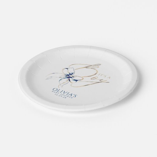 Navy Blue Bow It's a Boy Baby Shower Pappteller (Schrägansicht)