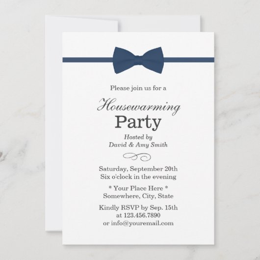 Navy Blue Bow Krawatte Classy Housewarming Party Einladung (Vorderseite)