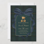 Navy Blue Bow Plaid Teddy Bear Boy Baby Shower Einladung (Vorderseite)