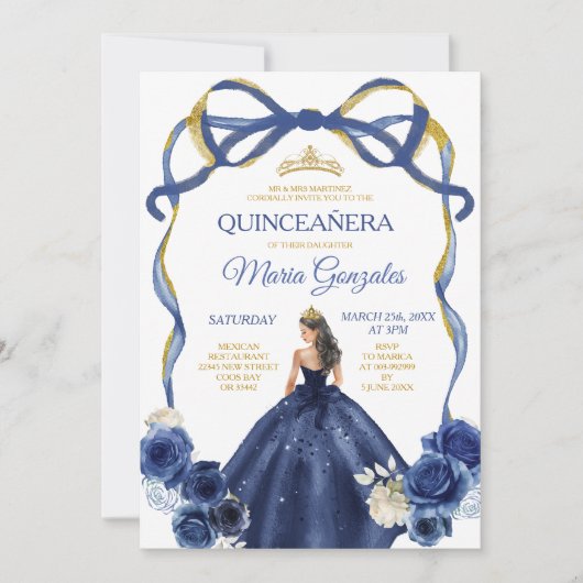 Navy Blue Bow Princess Gold Crown Quinceañera Einladung (Vorderseite)