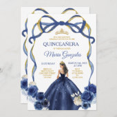 Navy Blue Bow Princess Gold Crown Quinceañera Einladung (Vorne/Hinten)