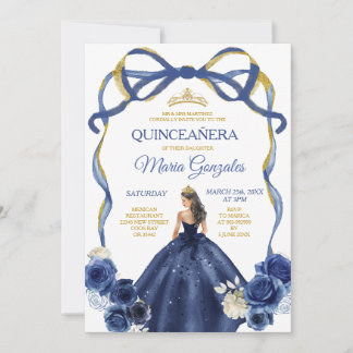 Navy Blue Bow Princess Gold Crown Quinceañera Einladung