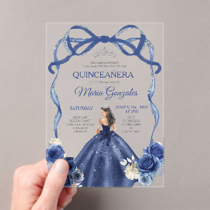 Navy Blue Bow Princess Silver Crown Quinceañera Acryleinladungen