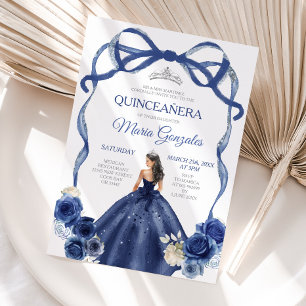 Navy Blue Bow Princess Silver Crown Quinceañera Einladung