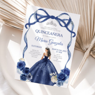 Navy Blue Bow Princess Silver Crown Quinceañera Einladung