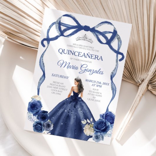 Navy Blue Bow Princess Silver Crown Quinceañera Einladung