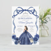 Navy Blue Bow Princess Silver Crown Quinceañera Einladung (Stehend Vorderseite)