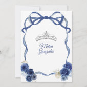 Navy Blue Bow Princess Silver Crown Quinceañera Einladung (Rückseite)