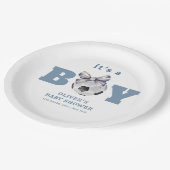 Navy Blue Bow Soccer Sport Boy Baby Shower Pappteller (Schrägansicht)