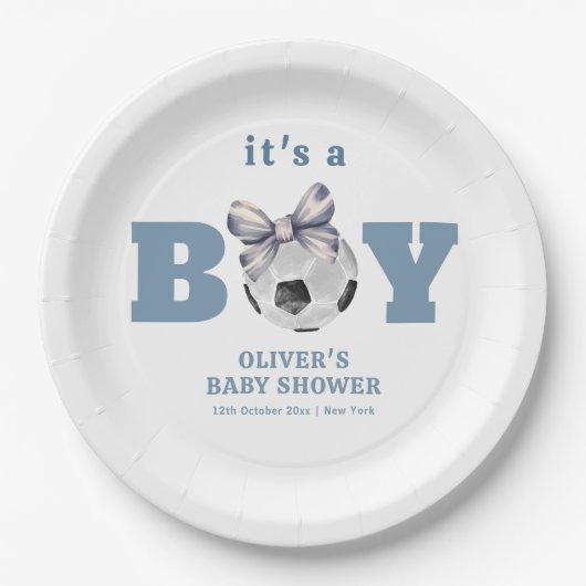 Navy Blue Bow Soccer Sport Boy Baby Shower Pappteller (Vorderseite)