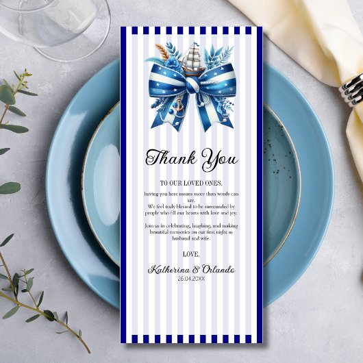 Navy Blue Bow Wedding Place Setting Thank You Card Programm