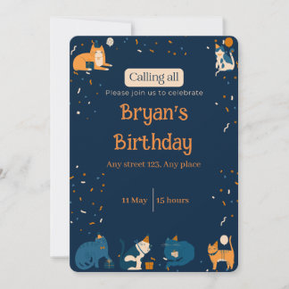 Navy Blue Boy Cat Invite Einladung