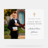 Navy Blue Boy Photo First Communion Welcome Acrylschild (Vorderseite)