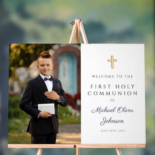 Navy Blue Boy Photo First Communion Welcome Acrylschild (Neutral)