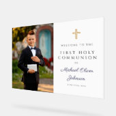 Navy Blue Boy Photo First Communion Welcome Acrylschild (Winkel)