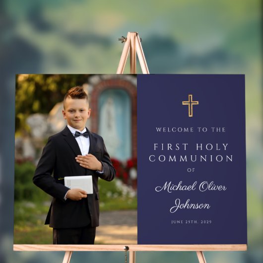 Navy Blue Boy Photo First Communion Welcome Acrylschild (Neutral)