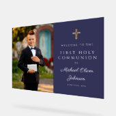 Navy Blue Boy Photo First Communion Welcome Acrylschild (Winkel)