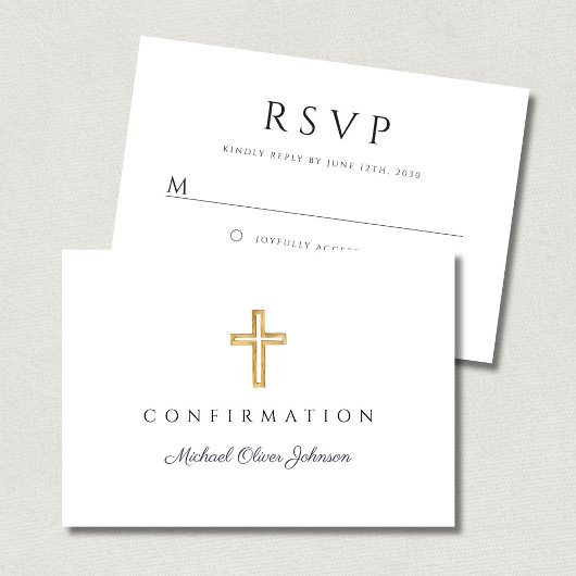 Navy Blue Boy Religious Cross Confirmation RSVP Karte