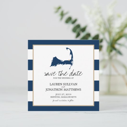 Navy Blue BREWSTER Cape Cod Map Save the Date (Stehend Vorderseite)