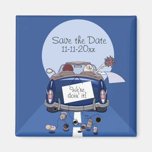 Navy Blue Bridge & Groom Getaway Car Save the Date Magnet (Vorne)
