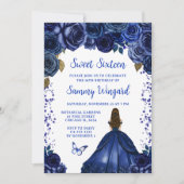 Navy Blue Brown Hair Princess 16 . Geburtstag Einladung (Vorderseite)