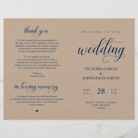 Navy Blue, Brown Kraft, Wedding Foldable Program (Vorderseite)