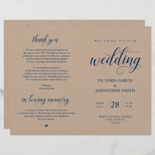Navy Blue, Brown Kraft, Wedding Foldable Program (Vorne/Hinten)