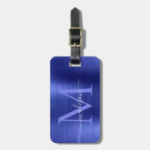 Navy Blue Brushed Metal Girly Script Monogram Nied Gepäckanhänger (Vorderseite vertikal)