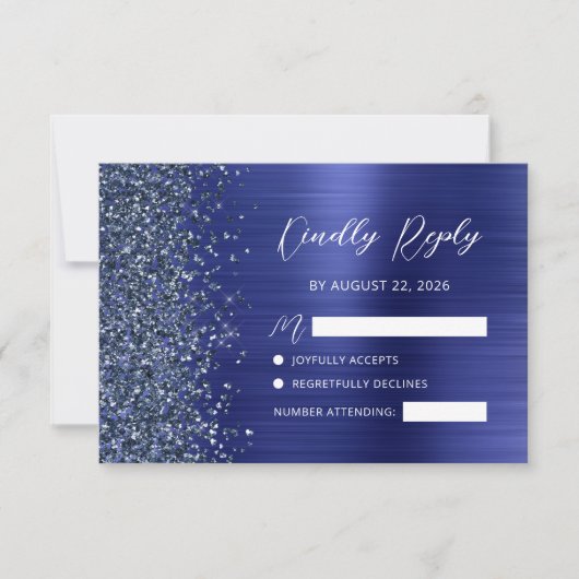 Navy Blue Brushed Metal Glitter Script Wedding RSVP Karte (Vorderseite)