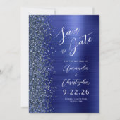 Navy Blue Brushed Metal Script Save the Date Ankündigung (Vorderseite)