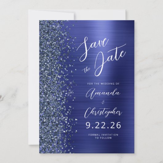 Navy Blue Brushed Metal Script Save the Date Ankündigung (Vorderseite)