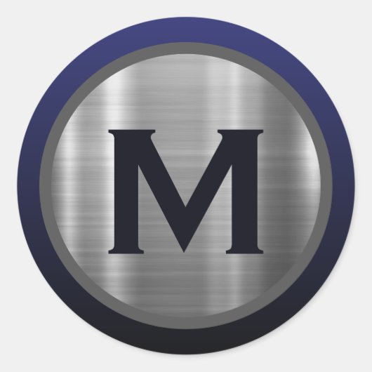 Navy Blue Brushed Silver Monogram Runder Aufkleber (Vorderseite)