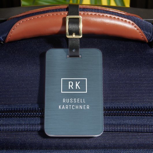 Navy Blue Brushmetal Modernes Monogramm Gepäckanhänger (Vorderseite Insitu 2)