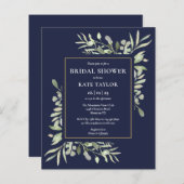 Navy Blue Budget Greenery Bridal Dusche Einladung (Vorne/Hinten)