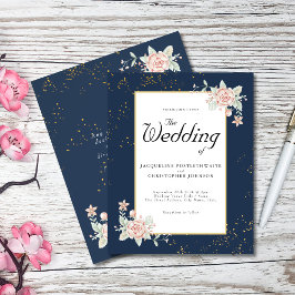 Navy Blue Budget Hochzeitseinladung Pink Peony Flyer