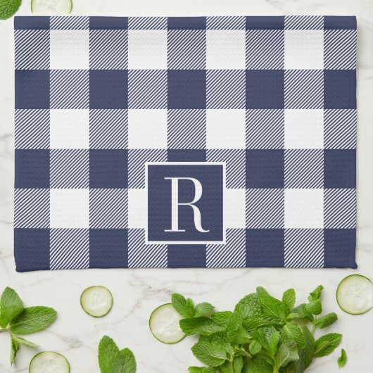 Navy Blue Buffalo Karo Monogram Geschirrtuch (Gefaltet)