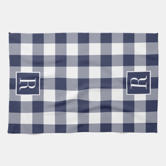 Navy Blue Buffalo Karo Monogram Geschirrtuch (Horizontal)