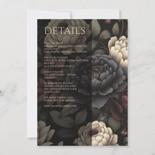 Navy Blue & Burgund Moody Floral mit Details Einladung (Rückseite)