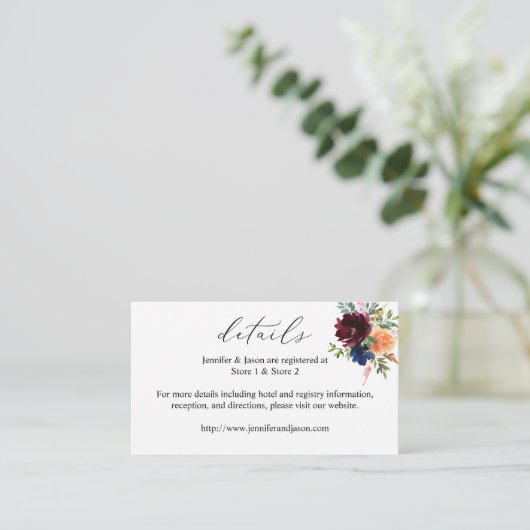 Navy Blue, Burgund & Peach Floral Details SM Begleitkarte (Stehend Vorderseite)