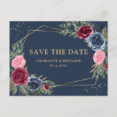 Navy Blue Burgundi Gold Floral Save the Date Ankündigungspostkarte (Vorderseite)
