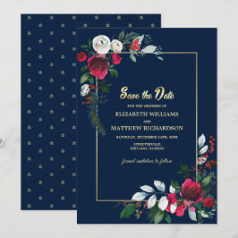 Navy Blue Burgundi Gold Floral Save the Date Einladung