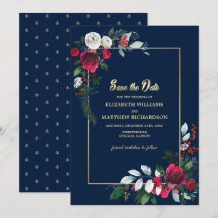 Navy Blue Burgundi Gold Floral Save the Date Einladung