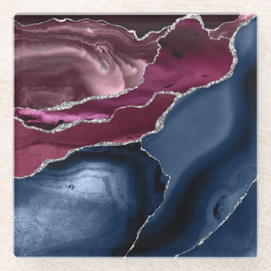 Navy Blue Burgundy Agate Silver Glitzer Glasuntersetzer (Vorderseite)