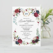 Navy Blue, Burgundy Bloom Watercolor Brautparty Einladung (Stehend Vorderseite)