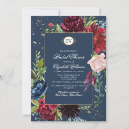 Navy Blue, Burgundy Bloom Watercolor Brautparty Einladung